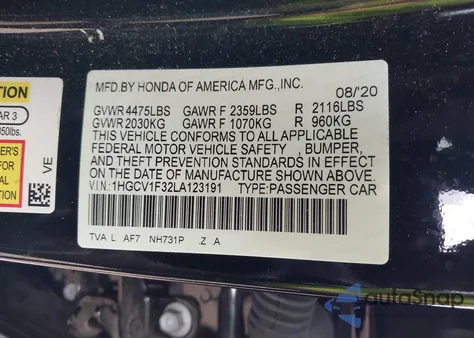 2020 Honda Accord Sport z USA, uszkodzony, nr VIN 1HGCV1F32LA123191